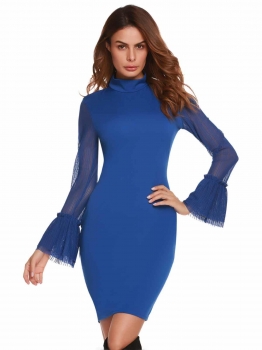

Blue Stand Collar Flare Sleeve Mesh Patchwork Dress, Multicolor