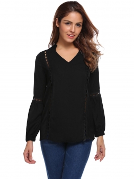 

Black Women V-Neck Long Sleeve Hollow Out T-Shirt, Multicolor
