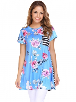 

Blue Floral O-Neck Short Sleeve Striped Pockets Loose Tops, Multicolor