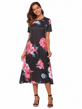 

Black Short Sleeve Floral Casual Shift Dress, Multicolor