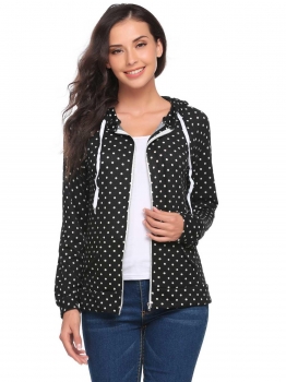 

Black Drawstring Long Sleeve Dot Pocket Zipper Hoodie, Multicolor