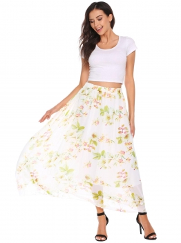 

White Green Elastic Waist Floral Print Casual Chiffon Skirts, Multicolor