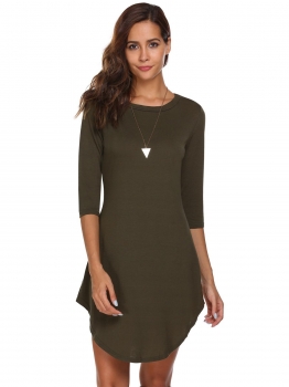 

Army green Solid Loose Irregular Arc Hem Neck 3"4 Sleeve Dress, Multicolor