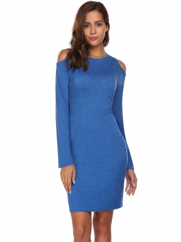 

Blue Cold Shoulder Long Sleeve Bodycon Dress, Multicolor