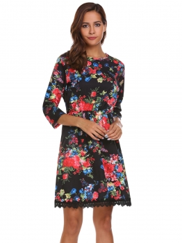 

Black O-Neck 3"4 Sleeve Floral Print Lace Trim Dress, Multicolor