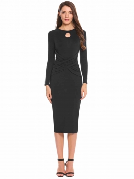 

Black Keyhole Long Sleeve Cross Front Bodycon Dress, Multicolor