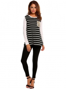 

Black Women O-Neck Long Sleeve Striped Sequins T-Shirt, Multicolor