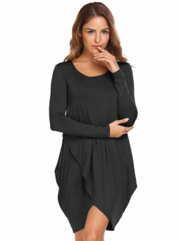 

Black Long Sleeve Solid Cross Front Casual Dress, Multicolor