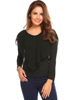 

Black Women Long Sleeve Split Chiffon Ruffles Slim Fit Casual T-Shirt Top, Multicolor