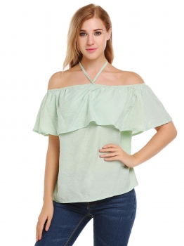 

Green Halter Off the Shoulder Ruffle Solid Chiffon Blouse, Multicolor