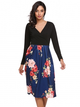 

Black blue Long Sleeve Patchwork Floral A-Line V-Neck Dress, Multicolor
