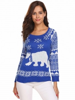 

Blue Women Casual O-Neck Long Sleeve Printed Christmas Warm Sweater, Multicolor