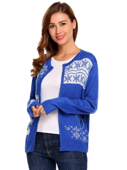 

Blue Women Casual O-Neck Long Sleeve Christmas Printed Warm Sweater Zipper Closure, Multicolor