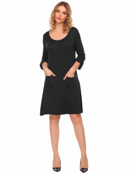 

Black Long Sleeve Backless Solid Knee Length Casual Loose Dress with Pocket, Multicolor