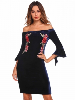 

Dark blue Off Shoulder Flare 3"4 Sleeve Split Embroidery Velvet Pencil Dress, Multicolor