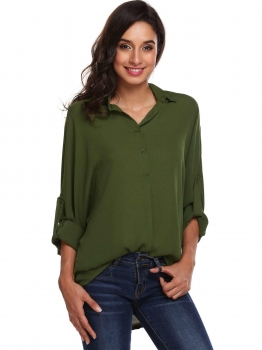 

Army green Bat-wing Sleeve Loose High Low Hem Solid Button Up Shirt, Multicolor