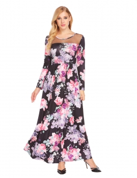 

Black Long Sleeve Mesh Patchwork Floral Empire Waist Maxi Casual Dress, Multicolor