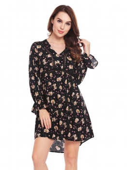 

Black Women V-Neck Flare Sleeve Floral Lace Casual Loose Fit Empire Waist Dress, Multicolor