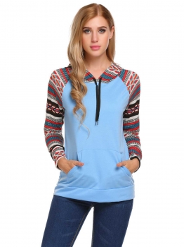

Blue Women Casual Drawstring Long Sleeve Patchwork Pullover Hoodie with Pocket, Multicolor