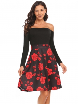 

Black Women Casual Slash Neck Off the Shoulder Long Sleeve A-Line Pleated Sexy Dress, Multicolor