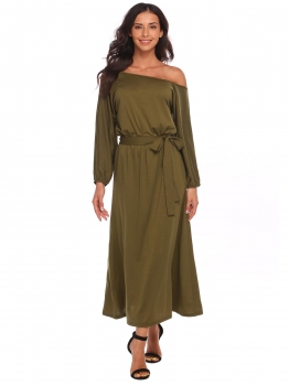 

Army green Women Casual Slash Neck Lantern Sleeve Elastic Waist A-Line Pleated Solid Sexy Dress, Multicolor