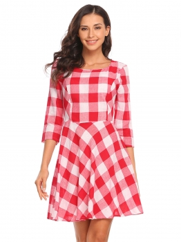 

Red Women Casual O-Neck 3"4 Sleeve Plaids A-Line Pleated Sexy Dress, Multicolor