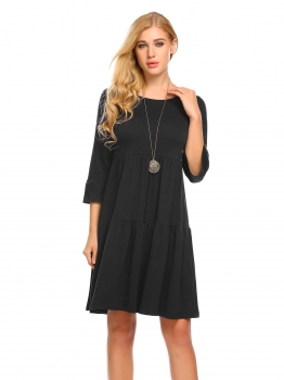 

Black Women Casual O Neck Ruffles 3"4 Sleeve Ruched Waist Loose Swing Dress, Multicolor