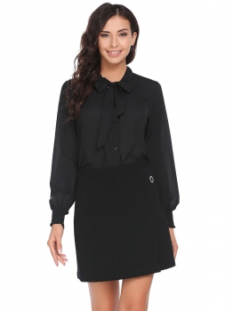 

Black Solid Bow Tie Neck Long Sleeve Buttoned Chiffon Shirt, Multicolor