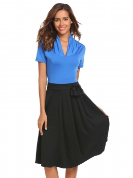 

Dark blue Women V-Neck Short Sleeve Patchwork Bow Fit and Flare Party Dress, Multicolor