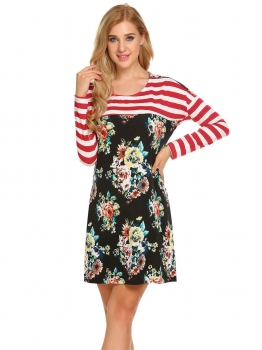 

Black Long Sleeve Floral & Striped Printed Patchwork Casual Dress, Multicolor