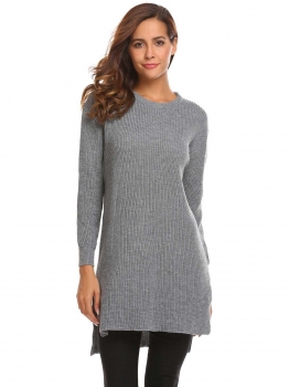 

Grey Women Casual O-Neck Long Sleeve Side Slit Solid Sweater, Multicolor
