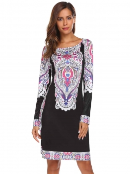 

Black Vintage O Neck Long Sleeve Knee Length Floral Printed Loose Casual Dress, Multicolor