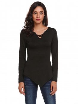 

Black Women Fashion Front Cross Irregular Hem Long Sleeve Solid T-Shirt, Multicolor