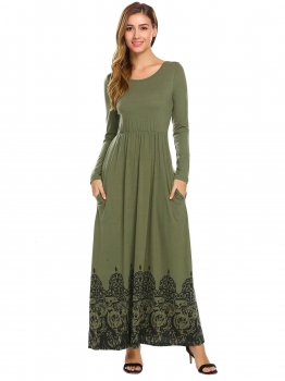 

Army green Women Round Neck Long Sleeve Elastic Slim Waist Hem Printed Pleated Maxi Dress, Multicolor