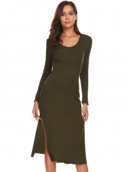 

Army green Women Casual V Neck Long Sleeve Slim Waist Bodycon Knitted Midi Pencil Dress, Multicolor