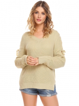 

Beige Women Casual Long Sleeve V Neck Solid Loose Fit Knit Pullover Sweater Tops, Multicolor