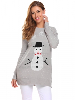 

Gray Women Casual O-Neck Long Sleeve Snowmen Printed Warm Christmas Sweater, Multicolor