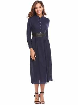 

Navy blue Mock Neck Long Lantern Sleeve Loose Button Business Dress, Multicolor