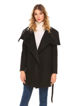 

Black Wide Lapel Open Front Solid Casual Wrap Wool Blend Trench Coat w" Belt, Multicolor