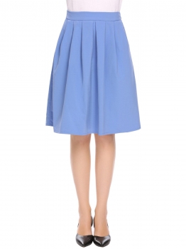 

Blue High Waist Back Zipper Solid Pocket A-Line Pleated Sexy Skirt, Multicolor