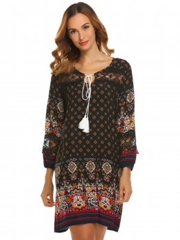 

Black Boho 3"4 Sleeve Lace Patchwork Casual Loose Shift Dress, Multicolor