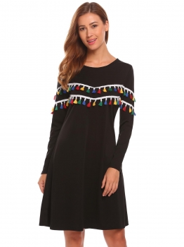 

Black O-Neck Long Sleeve Solid Fringe Loose Straight Casual Dress, Multicolor