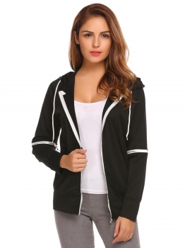 

Black Women Active Hooded Zip Up Patchwork Casual Loose Fit Jacket with Pocket, Multicolor