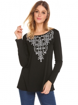 

Black Women O-Neck Long Sleeve Print Casual Loose T-Shirts Tunic Tops, Multicolor