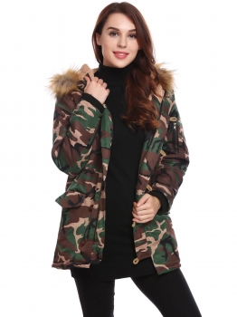 

Army green Women Hooded Long Sleeve Camouflage Zip-up Cotton Padded Coat, Multicolor