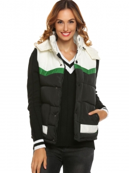 

Black Women Casual Sleeveles Zip-up Channel-Quilted Thick Vest Jacket with Removable Hood, Multicolor