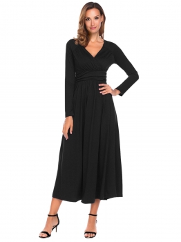 

Black Women Crossover V-Neck Long Sleeve Solid Slim Fit Party Maxi Dress, Multicolor