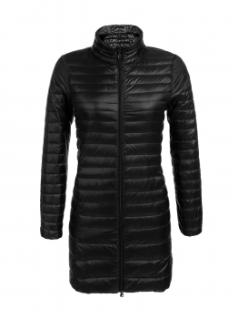 

Black Women Stand Neck Long Sleeve Waterproof Full Zipper Down Jacket Coat With Pocket, Multicolor