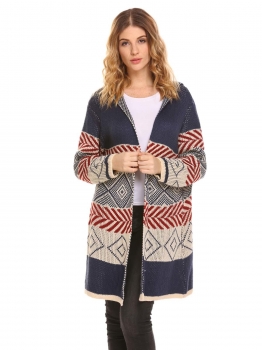 

Dark blue Women Long Sleeve Hooded Open Front Knitted Sweater Cardigan Geometric Print, Multicolor