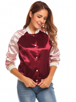 

Women's Fashion Contrast Color Button Slim Fit Casual Baseball Bomber Jacket, Multicolor